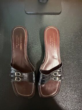 Donald J. Pliner Brown Croc-Embossed Slide Mules with Double Buckles